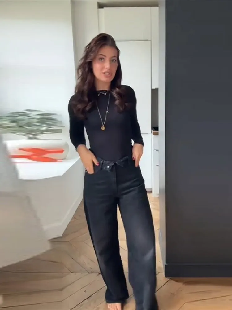 女性&男性 ミッドウエスト ブラック ジーンズ ファッション 折りたたみウエストバンド ワイドレッグ デニムパンツ ヴィンテージ ダーク カジュアル ハイストリート デイリーパンツ