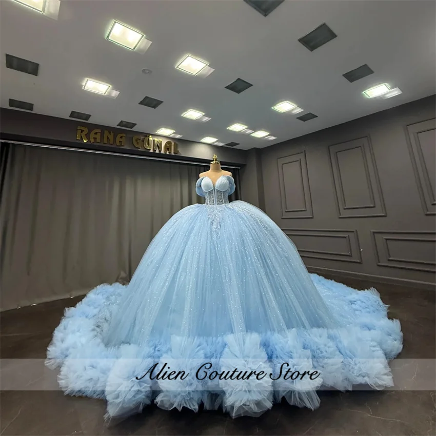 

Customized Sky Blue Lace Beading Applique Crystal Beads Off Shoulder Tiered Quinceanera Dress vestidos de 15 Quinceanera