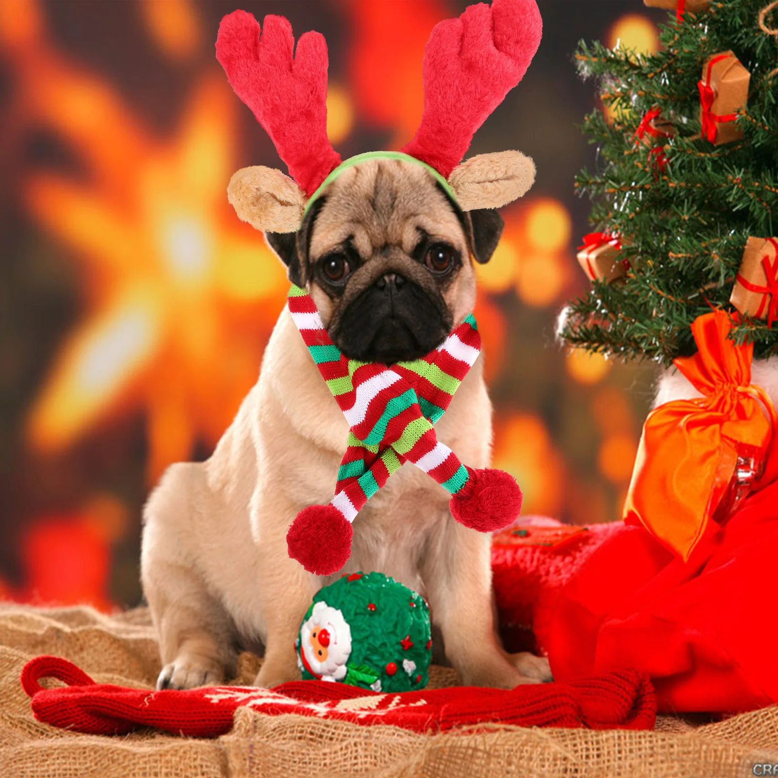 

1Set Christmas Dog Pet Decorations Soft Durable Fleece Acrylic Scarf Headband Reindeer Antlers Fun Holiday Costume