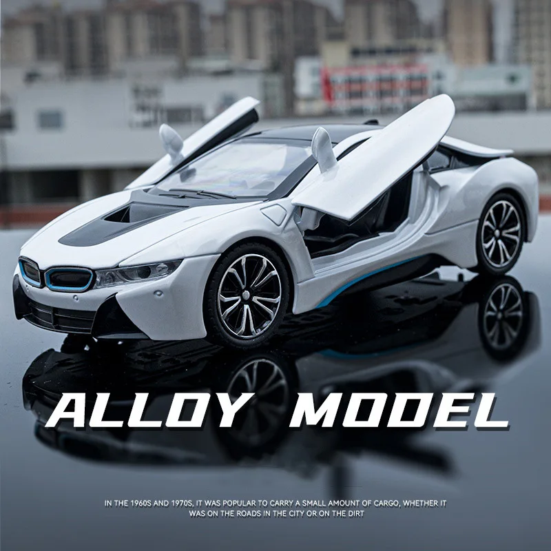 

1:22 BMW I8 Sports Car Alloy Diecast Model Car Vehicle Simulation Sound and Light Pull Back Collection Toys Car Childrens Gifts