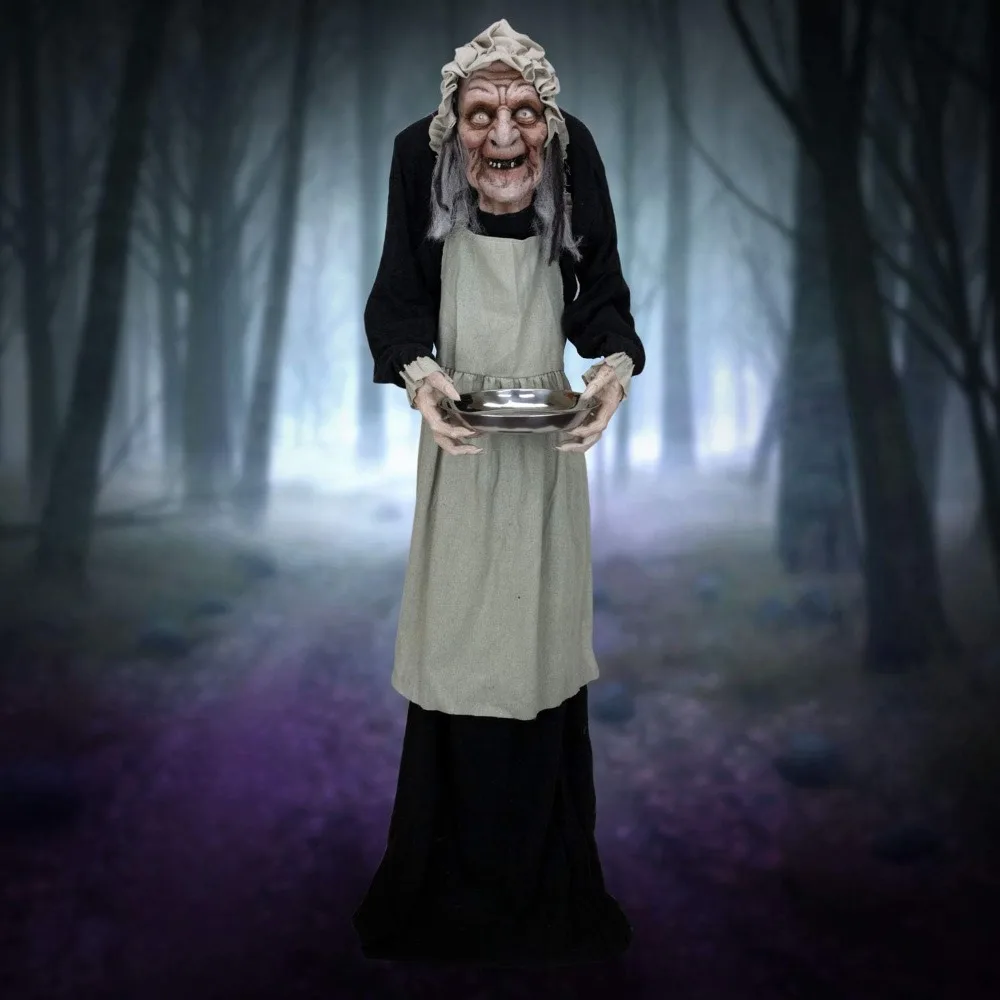 

Halloween Animatronic Scary Old Lady with Candy Dish, 5ft Animated Halloween Decoration Old Lady Horror Halloween Decoration