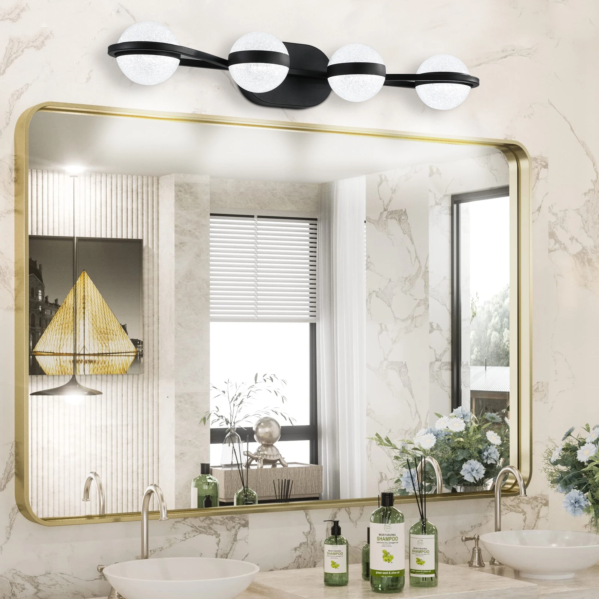 LED Vanity Light Modern Minimalist Bathroom 4 Bulb Frosted Glass Shades, Wall Mounted Decorative Lighting Fixture (Black)