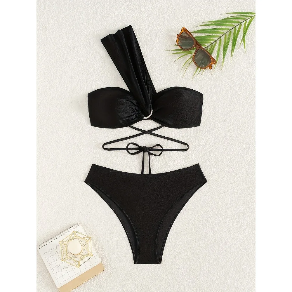 

Сексуальное черное бикини на одно плечо, женский купальник 2021, купальник из двух предметов, женские стринги, комплект бикини, купальные костюмы, бразильское бикини