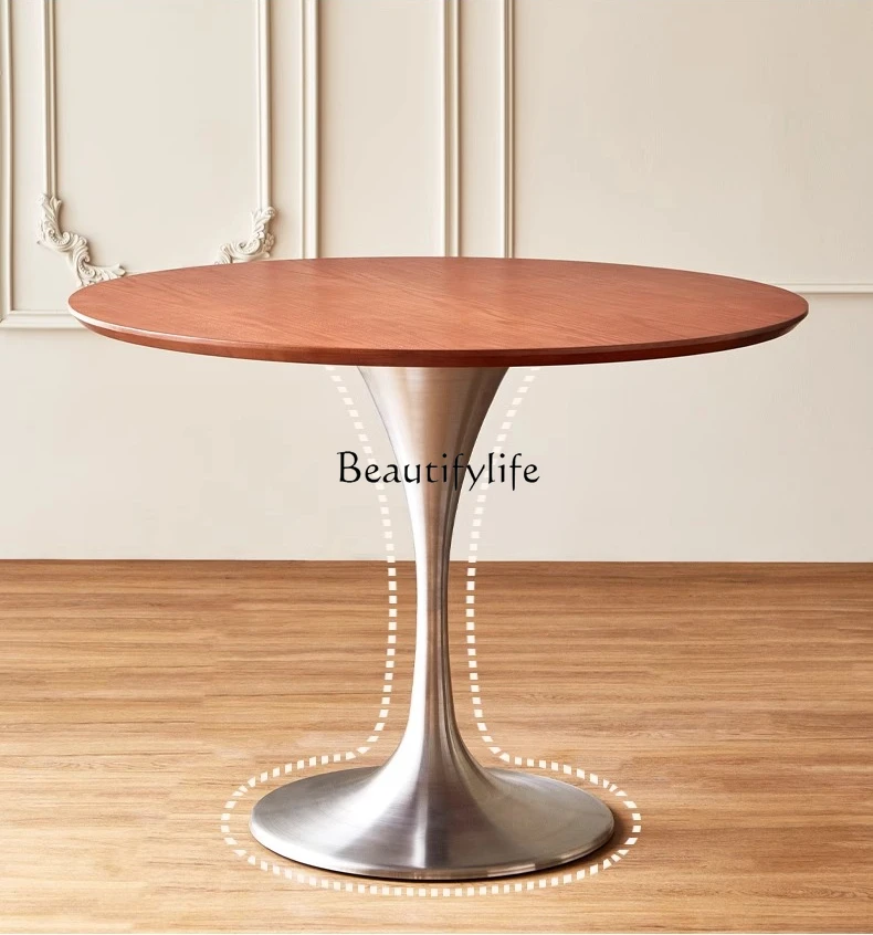 

-Solid wood dining table household log round simple small apartment retro tulip round table