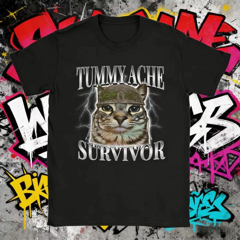 2026 Sommer Bauchschmerz-Überlebender Katzen-Meme Lustiger Spruch Katzen Tiere 100% Reine Baumwolle Bedrucktes T-Shirt für Herren Trendiges Tee