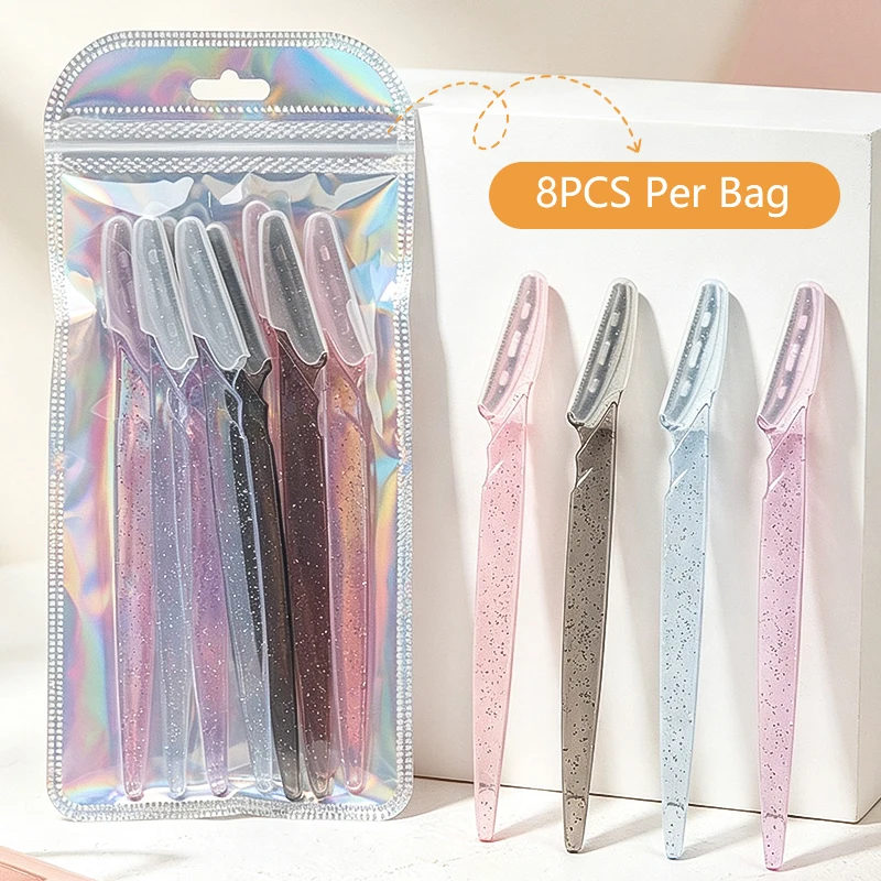 5/8/16pcs Safety Cover Eyebrow Shaver Glitter Handle Eyebrow Razor Disposable Facial Hair Removal Trimmer Stainless Steel Blade