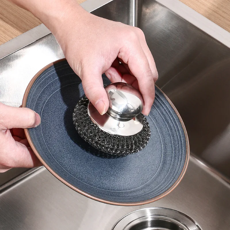 

Kitchen Stainless Steel Pot Brush with Handles Dishwashing Wire Ball Heavy Duty Metal Scrubber Home Pot Pan Cleaning Tool