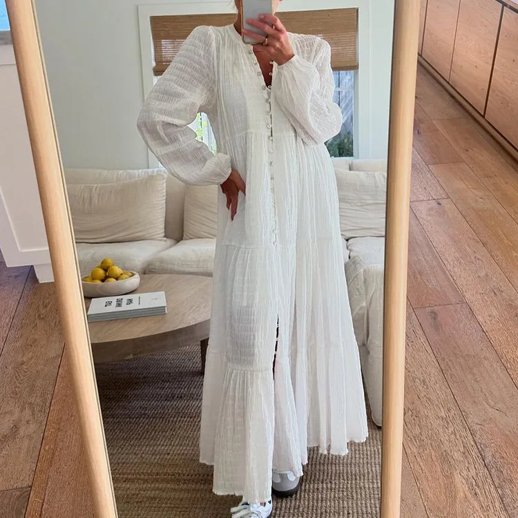 

2025 New Cotton Pleated Casual Dress Round Neck Long Sleeved Cardigan White Long Skirt Women's Wear