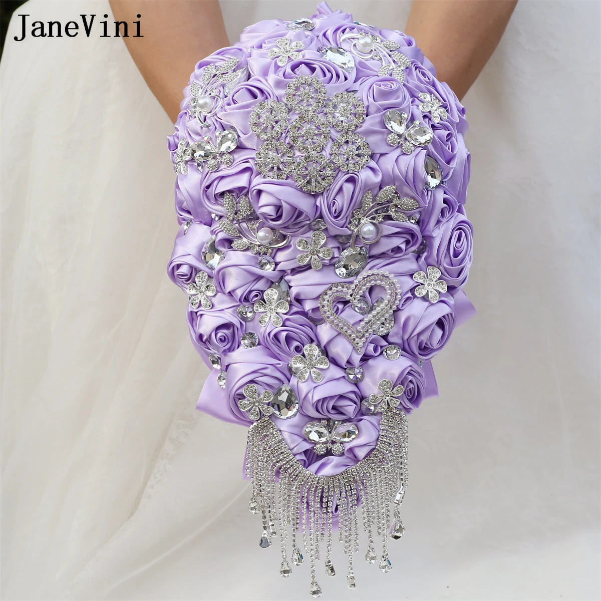 JaneVini New Waterfall Light Purple Bridal Bouquets Bling Silver Rhinestones Artificial Satin Roses Wedding Fake Bouquet Flower