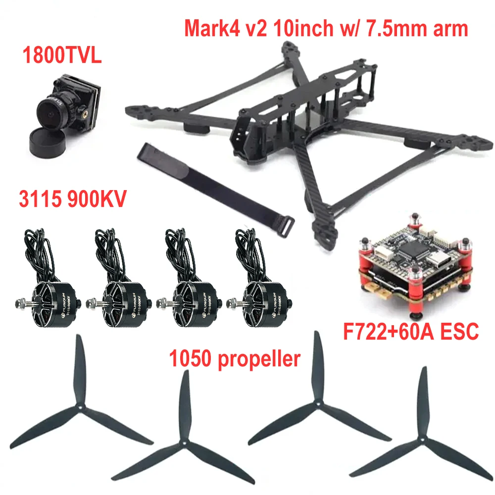 

Комплект рамы FPV Mark4 V2 10 дюймов/427 мм с F7 FC, ESC 60 А, двигателями 900 кВ и реквизитом Gemfan 1050
