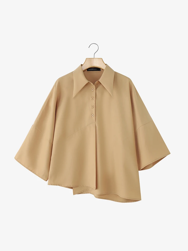 

ZANZEA 2025 Fashion Blusas Women Work Shirts Lapel Neck Tops 3/4 Sleeve Solid Color Tunic Oversized Loose Asymmetric Hem