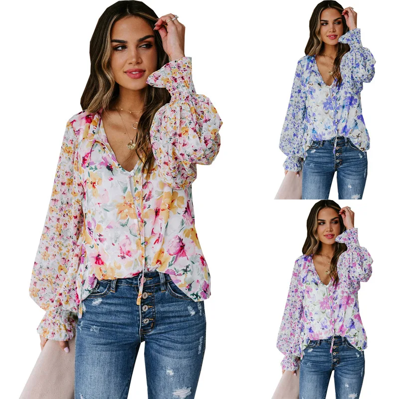 Blusa de manga larga con estampado Floral para mujer, camisa Sexy con cuello en V, estilo bohemio clásico, elegante, 2024