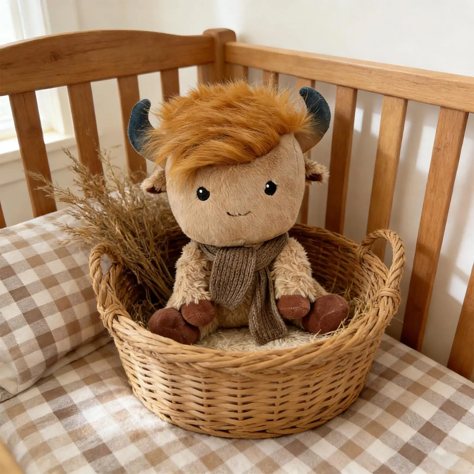 ตุ๊กตาวัวนุ่มนิ่ม หมอนอิงอารมณ์ดี พร้อมผ้าพันคอและผมปรับได้ ตุ๊กตาวัวขนนุ่มสำหรับเด็ก ของขวัญวันเกิด