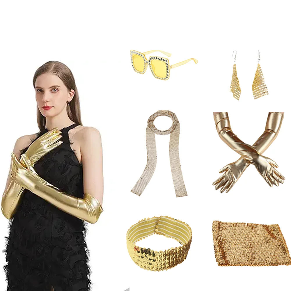 

PESENAR Womens Disco Costume Accessories 70s Sequin Costume Jewelry Set Tube Top Scarf Sunglasses Earrings Headband Gloves