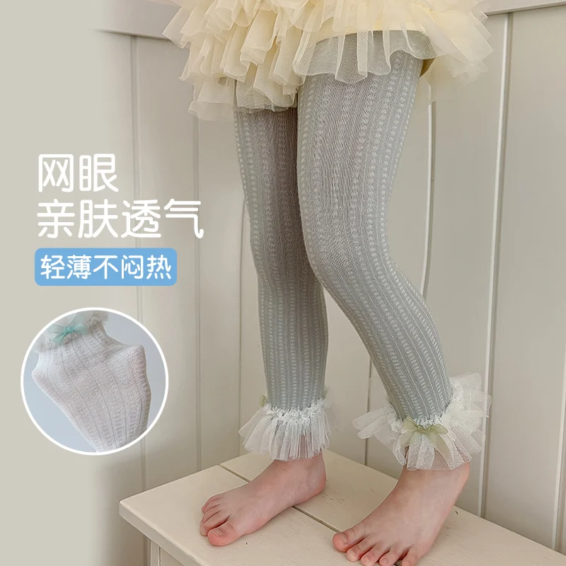 Lovely Girls Sheer Mesh Nine-Point Leggings Fashion Colorful Bow Ornament Wide Large Lace Trim Breathable Stretch Design Bottoms