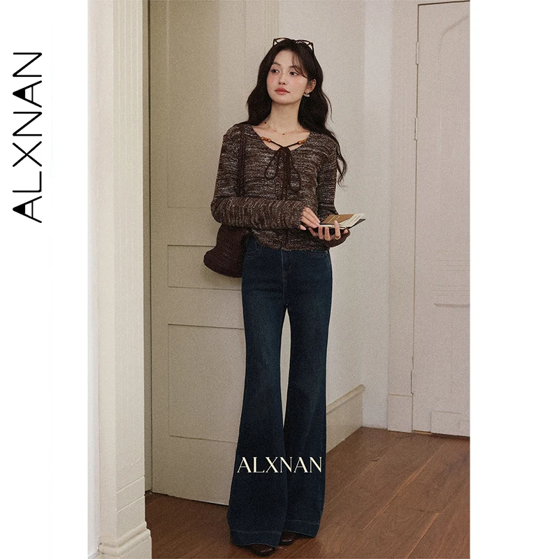 กางเกงยีนส์ทรงบานสีน้ำเงินเข้ม ALXNAN สำหรับผู้หญิง สไตล์วินเทจ เอวสูง ขากว้าง ทรงตรง ผ้าฝ้ายเดนิม ใส่สบายๆ ในฤดูใบไม้ร่วง รุ่น L57056