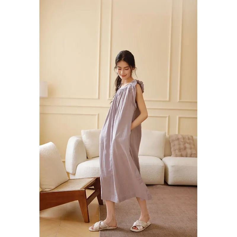 ثوب نوم نسائي من القطن الشاش بحزام على شكل فيونكة خلفية مجوفة بتصميم كسول فستان نوم فضفاض بدون أكمام ورقبة دائرية بلون سادة #5