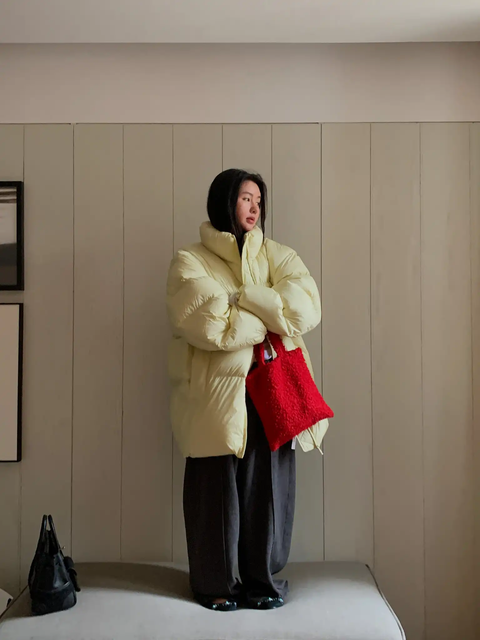 

LILUOP Thiened High Collar Simple Warm Mid-Length Bread Sle down Jaet Loose Winter Outerwear Coat for Women