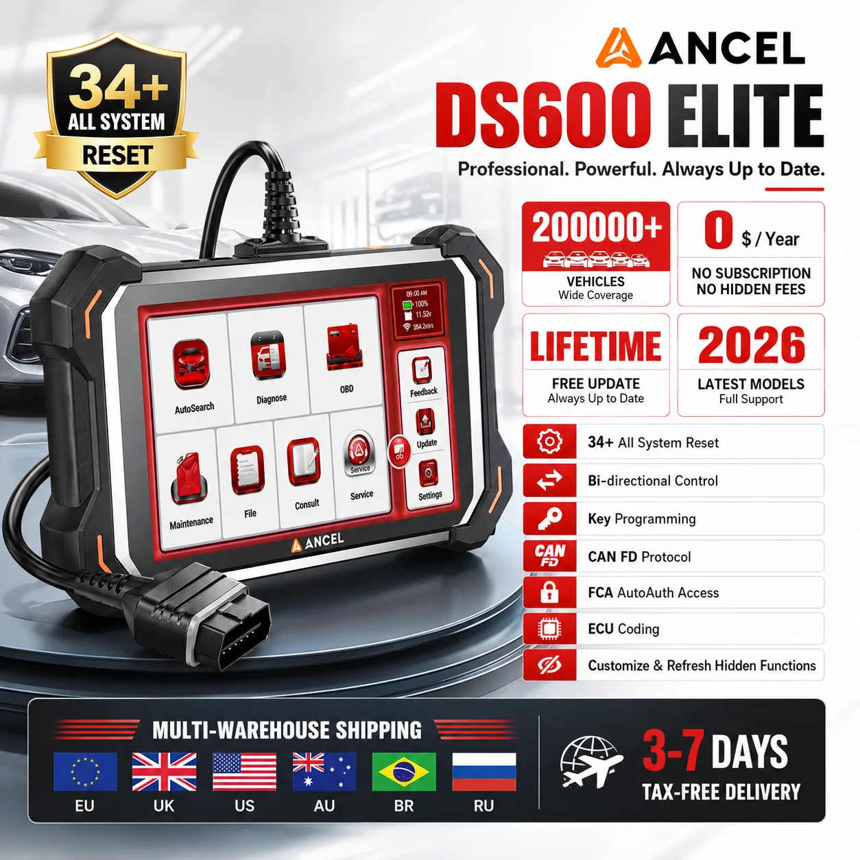 

Full System OBD2 Diagnostic Scanner ANCEL DS600 Elite ECU Coding Bidirectional CANFD DOIP 34 Plus Resets Code Reader Free Update