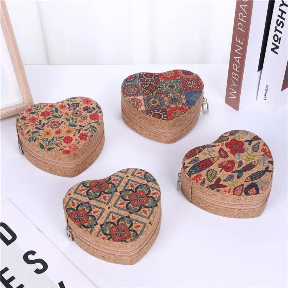 Mini Zipper Heart Shaped Jewelry Box Vintage Portable Ring Earrings Organizer Bohemia Flowers Cork Jewelry Storage Case Gifts