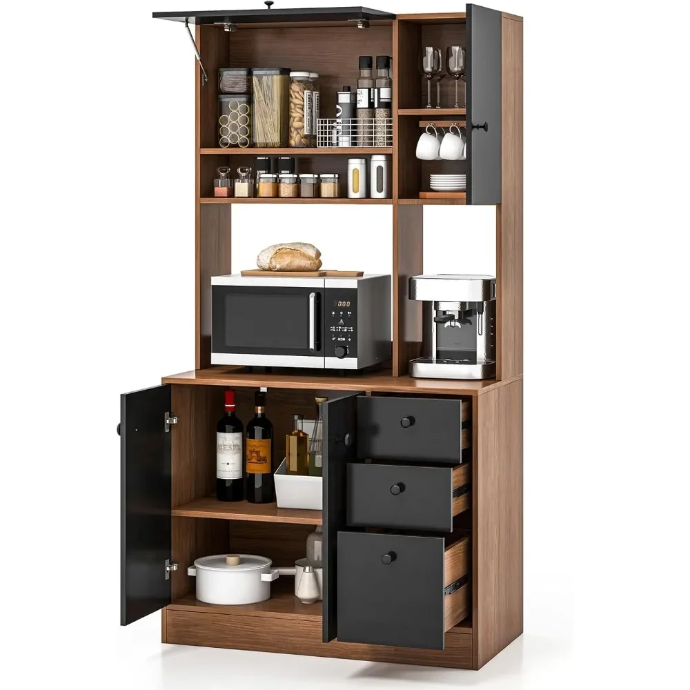 71" Freestanding Pantry with 3 Cabinets & Drawers, Adjustable Shelves, Microwave Cupboard for Living Room, Dining Room