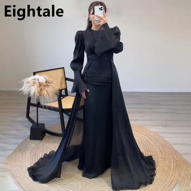 Eightale 2024 Black Mermaid Flare Sleeve Evening Dress For Wedding Party Saudi Arabic Prom Dress Dubai Party Gown Customized