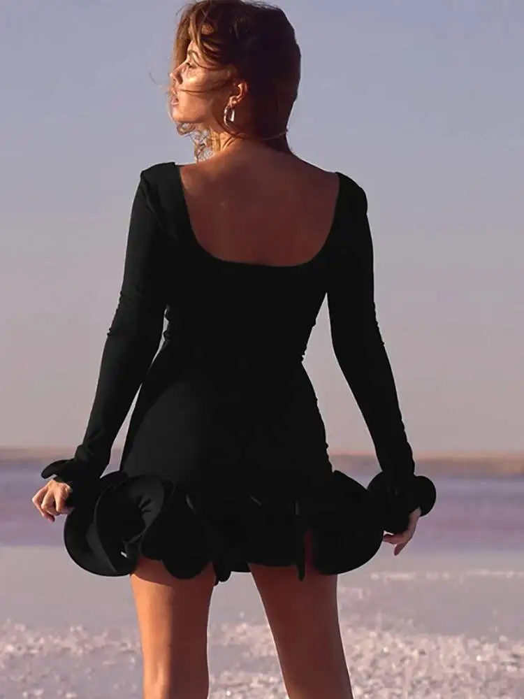 JULISSA MO Sexy Square Collar Ruffle Mini Dress Women Red Backless Long Sleeve Dress Autumn Skinny Elegant Party Club Dress 2025