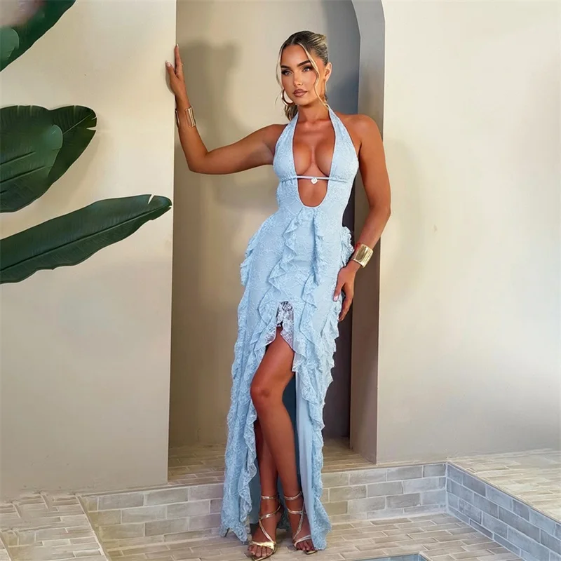 

Light Sky Blue Women Prom Dress Sexy Halter Sleeveless Backless Side Split Party Gown Daily Casual Holiday Formal Birthday Robe