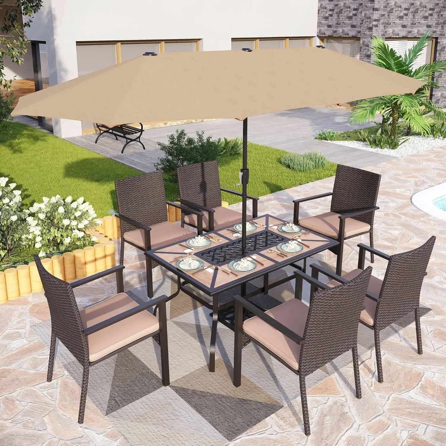 PHI VILLA-Juego de comedor al aire libre con paraguas para 6 personas, mesa Rectangular de Metal, sillas de mimbre con cojines, 7 piezas