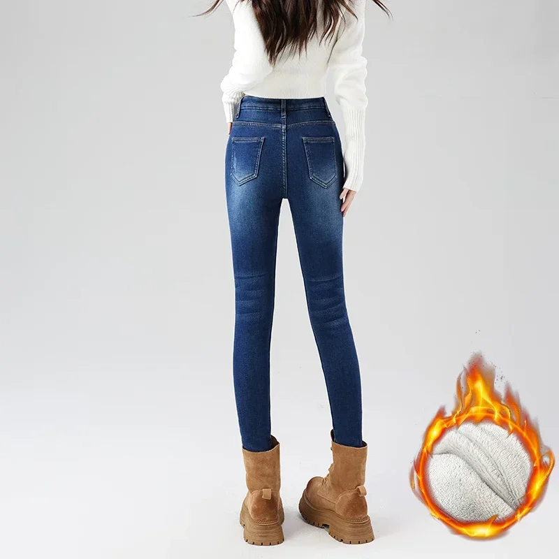 Frauen Fleece Warme Winter Jeans Verdicken Elastische Dünne Bleistift Hosen Mode Koreanische Dünne Plüsch Thermo Leggings Hosen – Detail 13