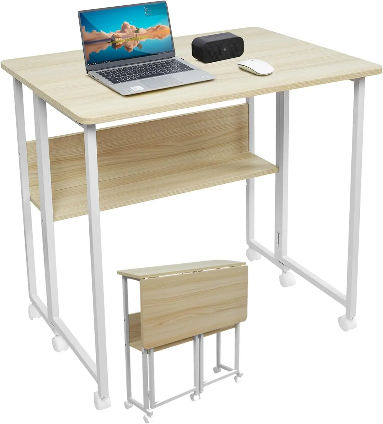 32'' Mobile Foldable Desk W/ 6 Wheels,Portable Rolling Small Computer Desk W/Storage Shelves,Folding Table For Small