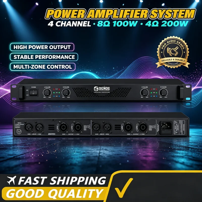 4-Channel DJ Power Amplifier 1U Lightweight Karaoke Suitable Small Stage Performance 8 Ohm 100W 4 Ohm 200W