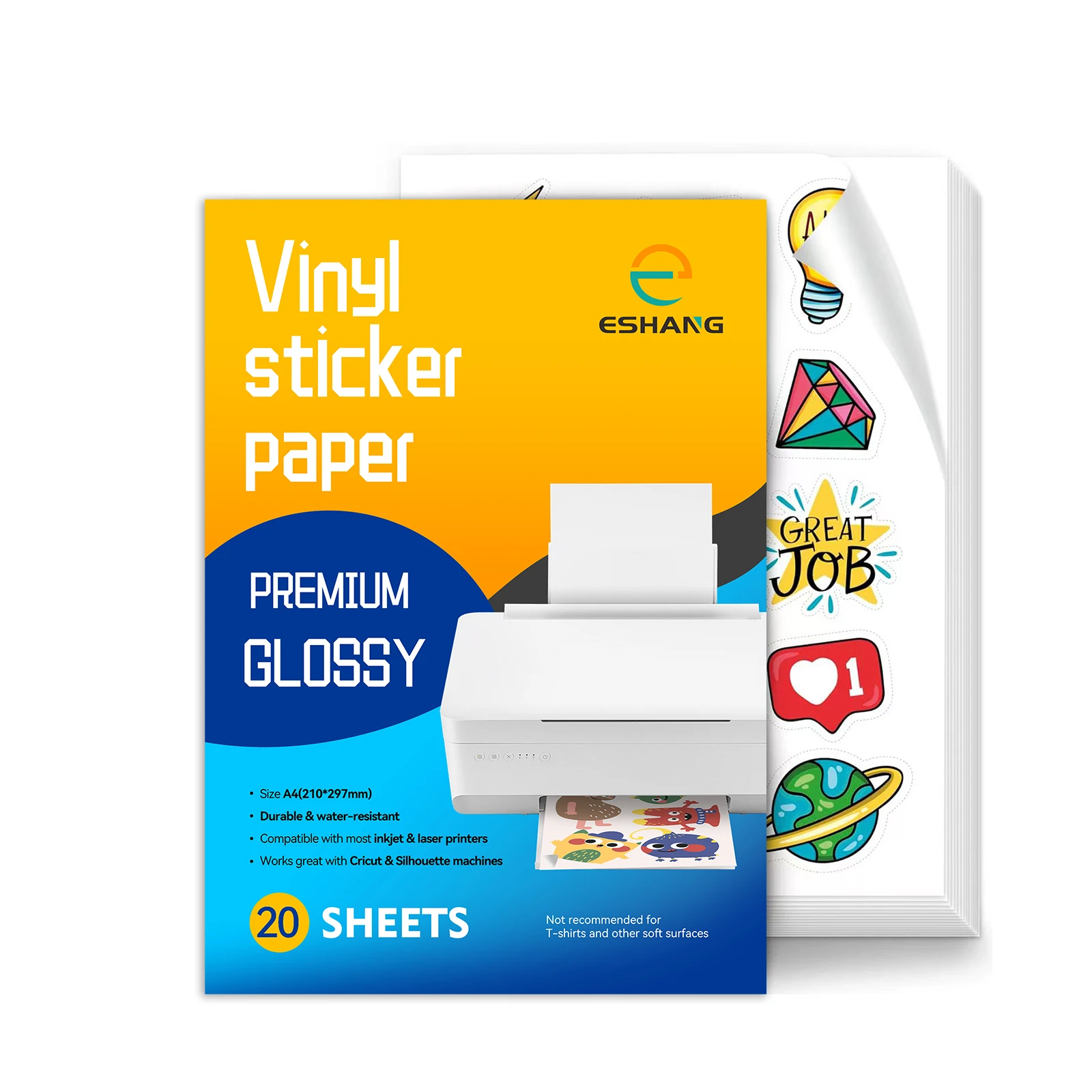 ESHANG A4 Size Printable Vinyl Sticker Paper for Inkjet Printer High Glossy White Waterproof Decal Paper Self-Adhesive Sheets