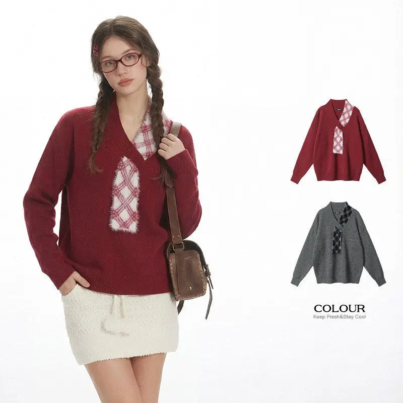 

HeyHenry женский милый ленивый свитер с v-образным вырезом, осенне-зимняя верхняя одежда, удобный вязаный длинный свитер свека, повседневный свободный крой