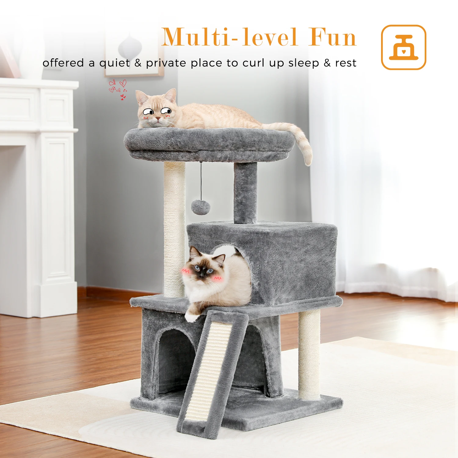 Small Cat Tree Tower with Scratching Pad, Two Large Condos, Cat Scratching Post for Indoor, Kitten House Bed, Cat Accessories