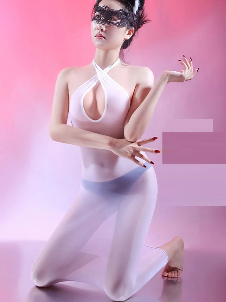 レディース ホルターネック ロングドレス ノースリーブ セクシー 5D 極薄 シースルー シームレス シルキー スムース オイル グロッシー 高伸縮性