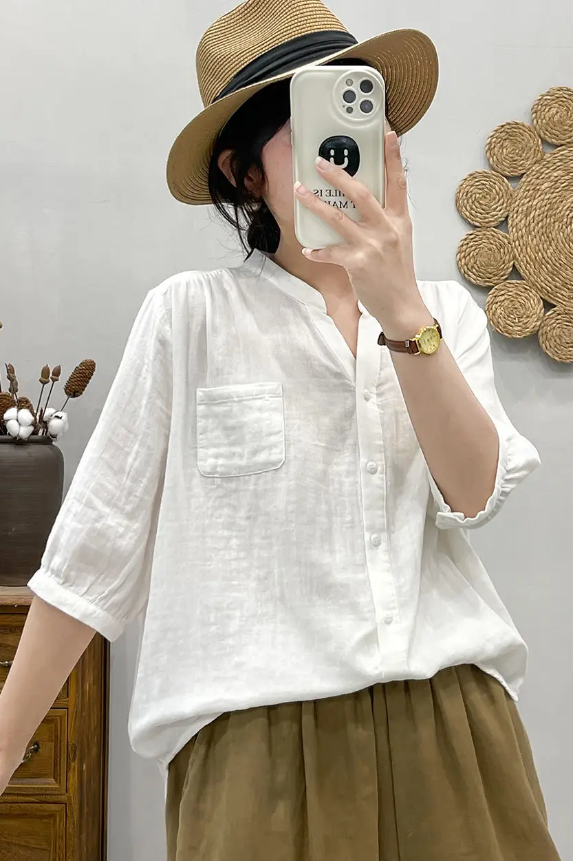 

Retro Small V-neck Pure Cotton Gauze Blouse for Women Mid-sleeve New Summer Style 2025 Korean Version Loose Casual Simple Top