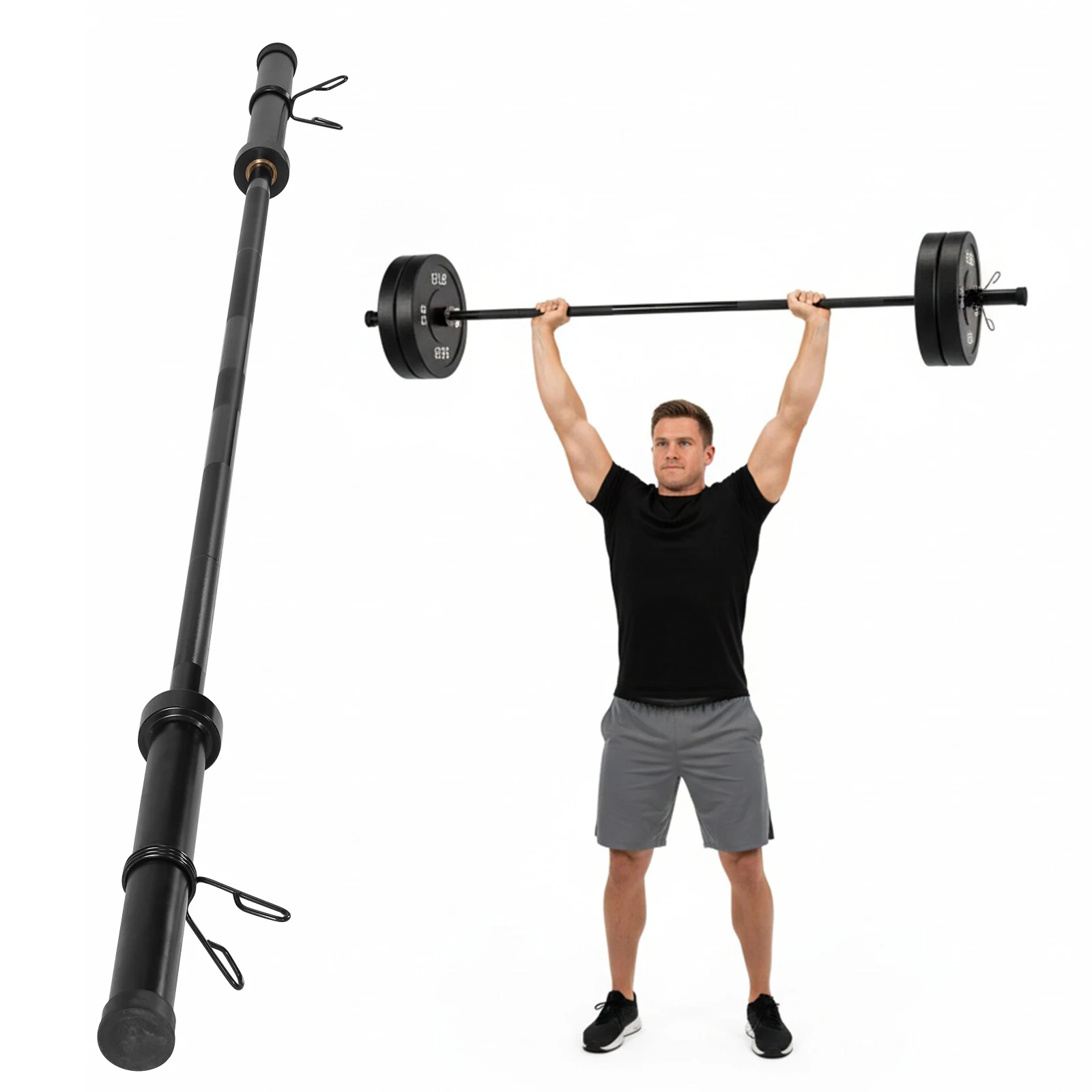 2.2m Straight Barbell Bar with 2 Spring Collars Universal Strength Training Bars for Squats Bench Press Deadlifts