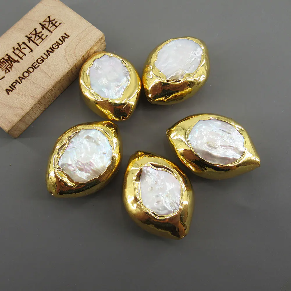 APDGG 5 Pcs Natural White Keshi Pearl Oval Shape Gold Edged Loose Beads Jewelry making accessories