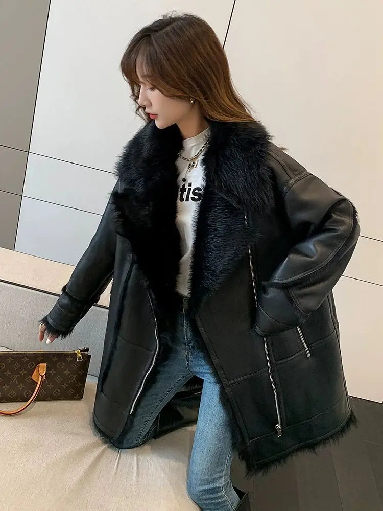 fur integrated coat imported from Spain, women's lamb fur grass young coat, medium length coat