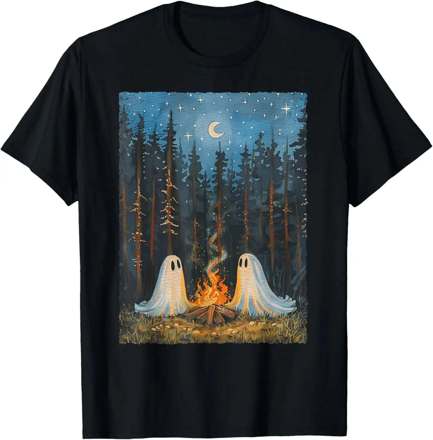 Vintage Ghost Campfire Camping Lover Forest Gothic Halloween T-Shirt