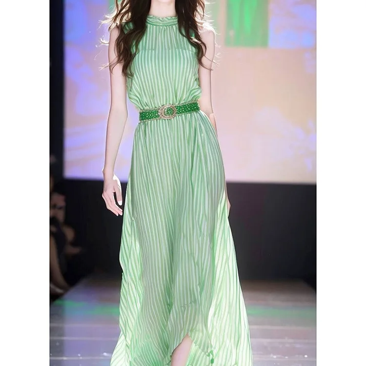 우아한 그린 롱 드레스 여성 여름 하이엔드 여신 스타일 민소매 폴리에스터 섬유 주름 스커트 X자형 가운