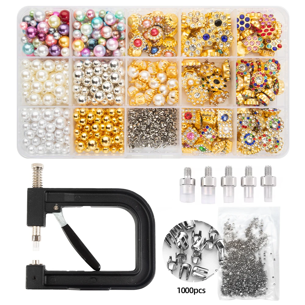 Pearl Tools Set Hand Pearl Setting Machine Plastic Beads Rivet Fixing Machine with Beads Screw Heads for DIY Bags/Clothes/Skirts