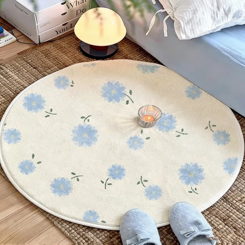 Round Rug Non Slip Soft Floor Mat Daisy Floral Hand Drawn Print Decor Carpet for Bedroom Room Bedside Indoor Home Decoration