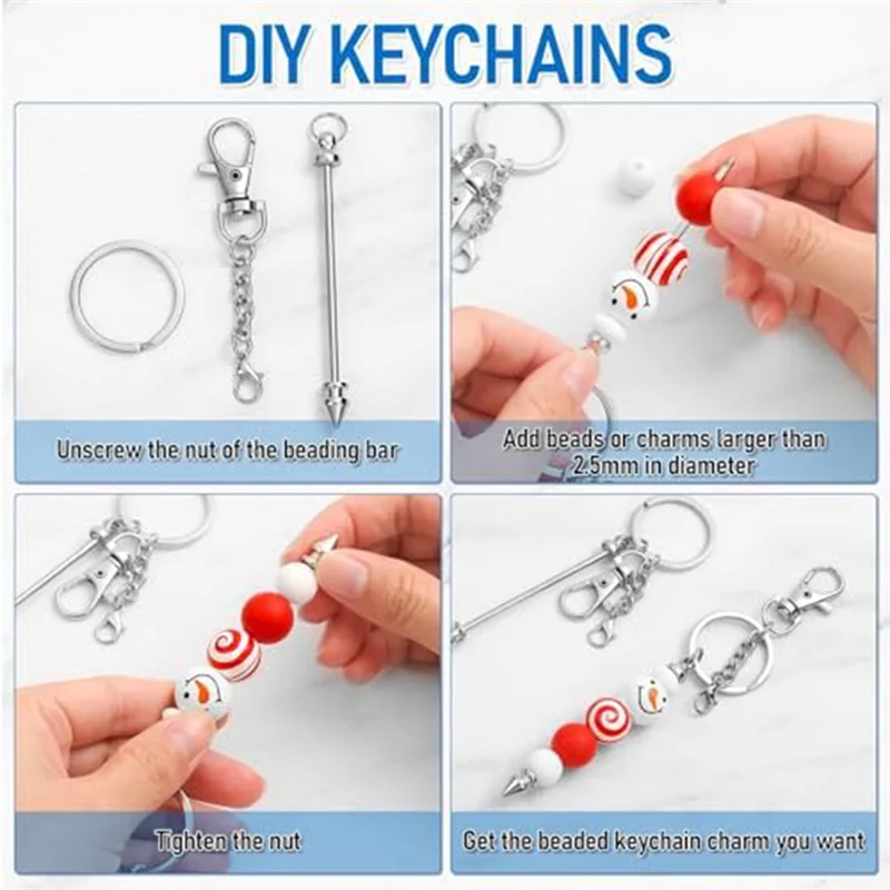 A19E-12 Pcs Beadable Keychain Bar, Silver Bead Keychain Beaded Keychain For Pendant DIY, For Keychain Making Making Gift
