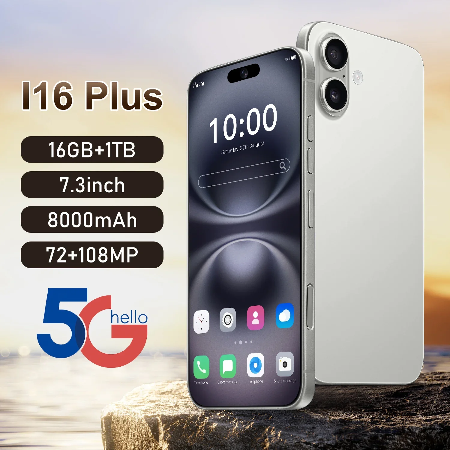 

Global Version I16 Plus Android Smart Original Phone 7.3 Inch HD Screen Dual SIM 5G 108MP Camera 8000mAh Unlock Phone Ten Core