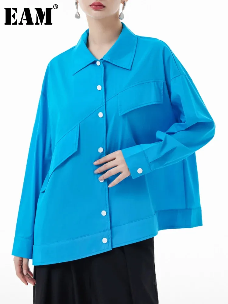 

[EAM] Women Blue Big Size Irregular Casual Blouse New Lapel Long Sleeve Loose Fit Shirt Fashion Tide Spring Autumn 2024 1DH3555