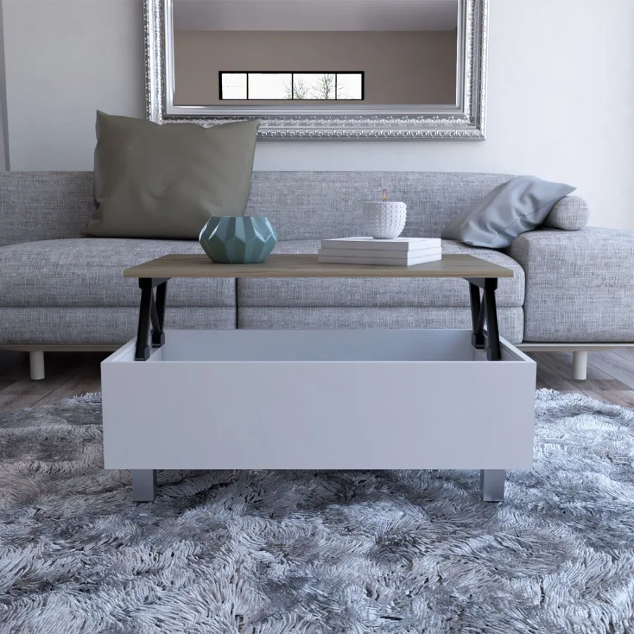 Mesa de centro rectangular inclinable con tapa elevable de roble blanco