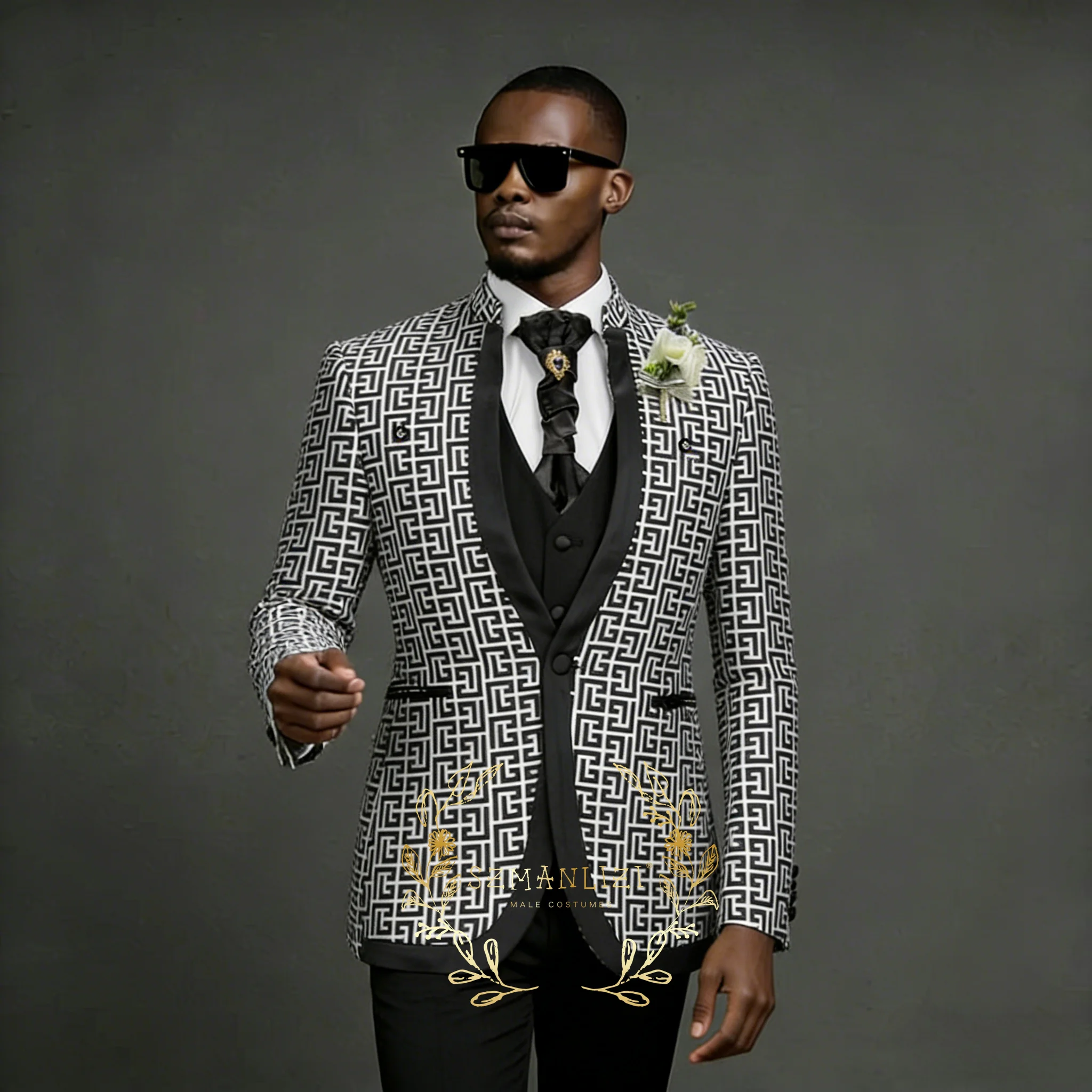 

Luxury White Plaid Rim Stage Men Suits Set Stand Collar Mens Wedding Suits Formal Groom Tuxedo Costume (Jacket+pants+vest)