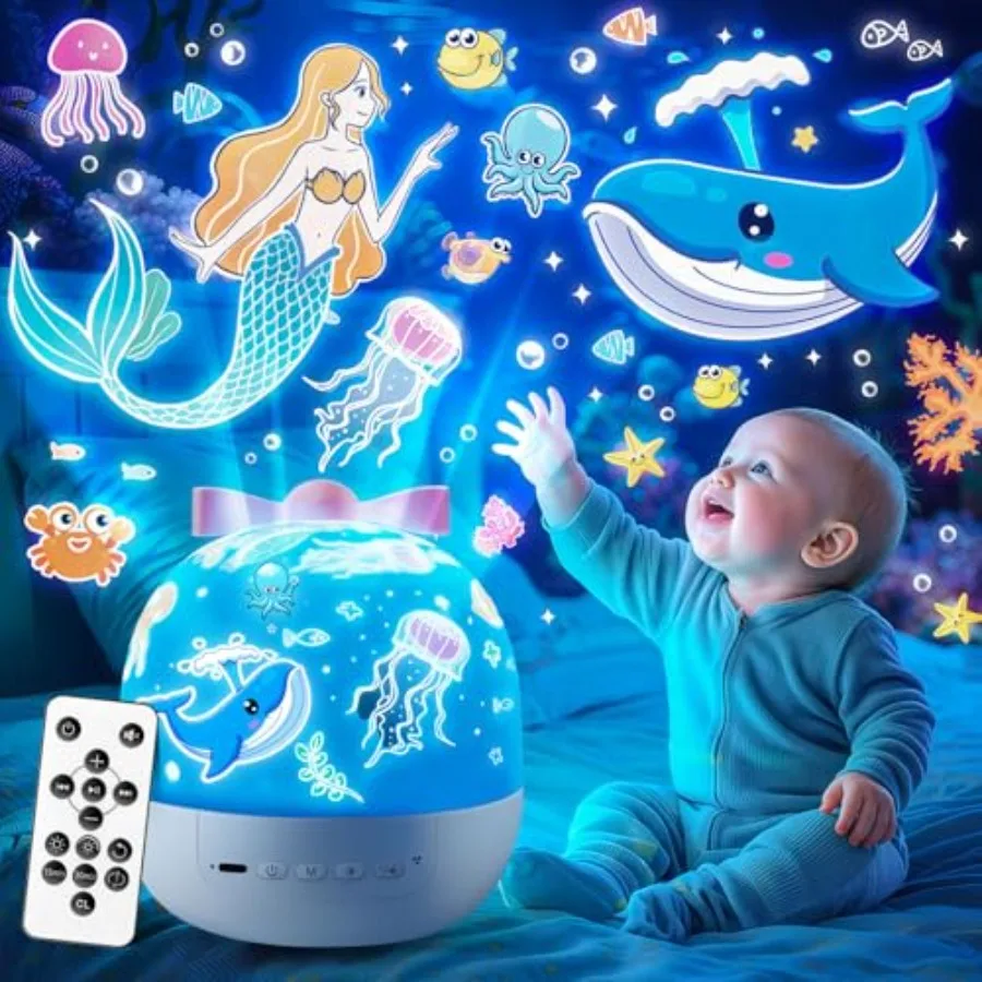 

Star Projector for Gifts, 15 Films+15 Soothing Sounds Machine Baby Night Light Projector, Remote 360° Rotation Fruit Ocean Star